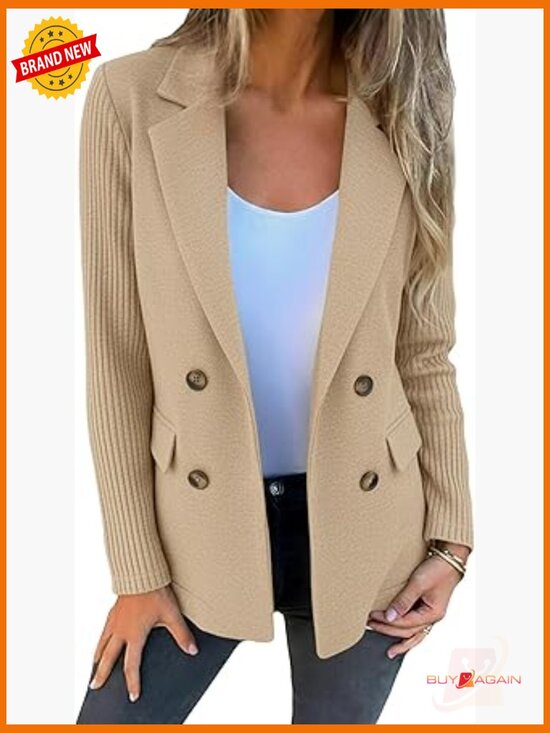 Jackets & Blazers - Double-Breasted Knit Sleeve Blazer - Business Casual Work Jacket with Pockets